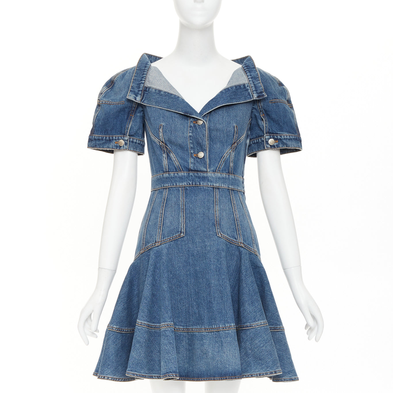 Women's Alexander McQueen denim open boat neck sleeve dress