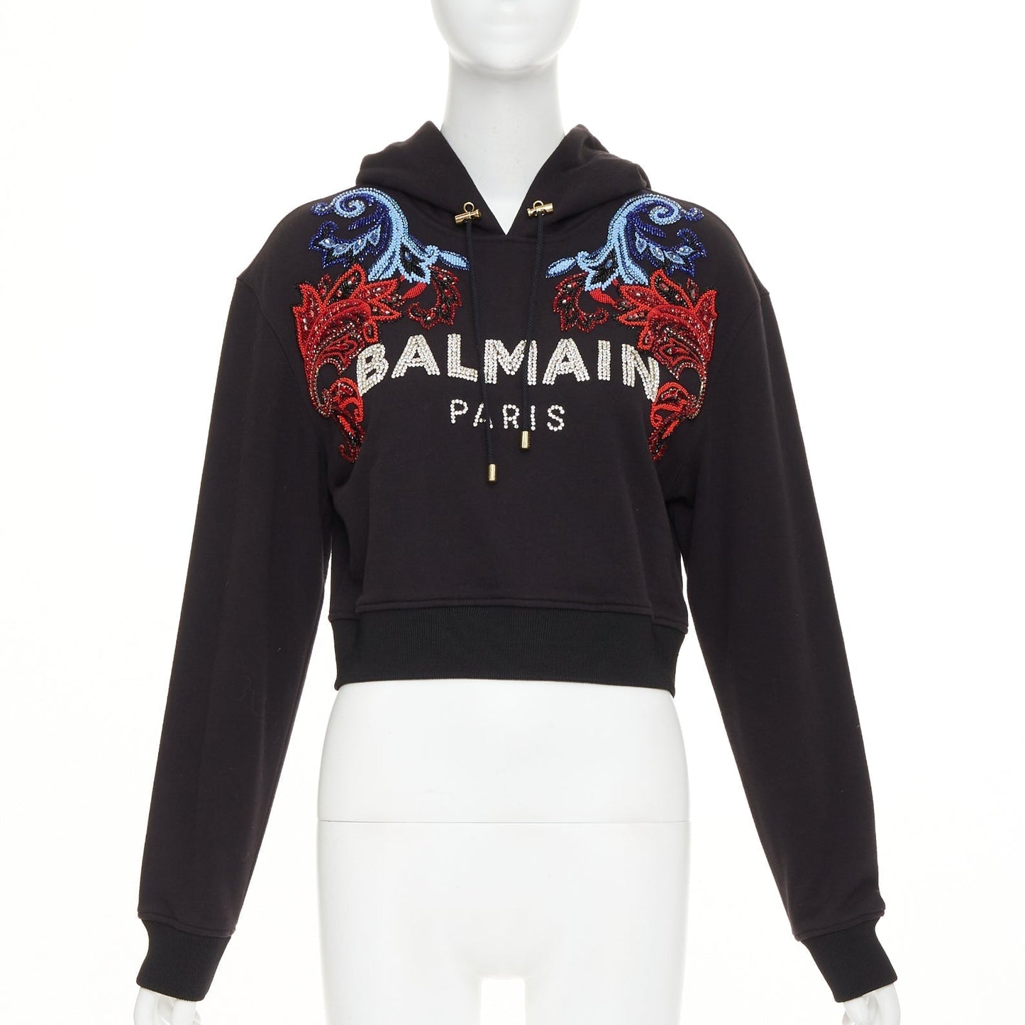 Women's Balmain crystal rhinestone bead baroque logo hoodie