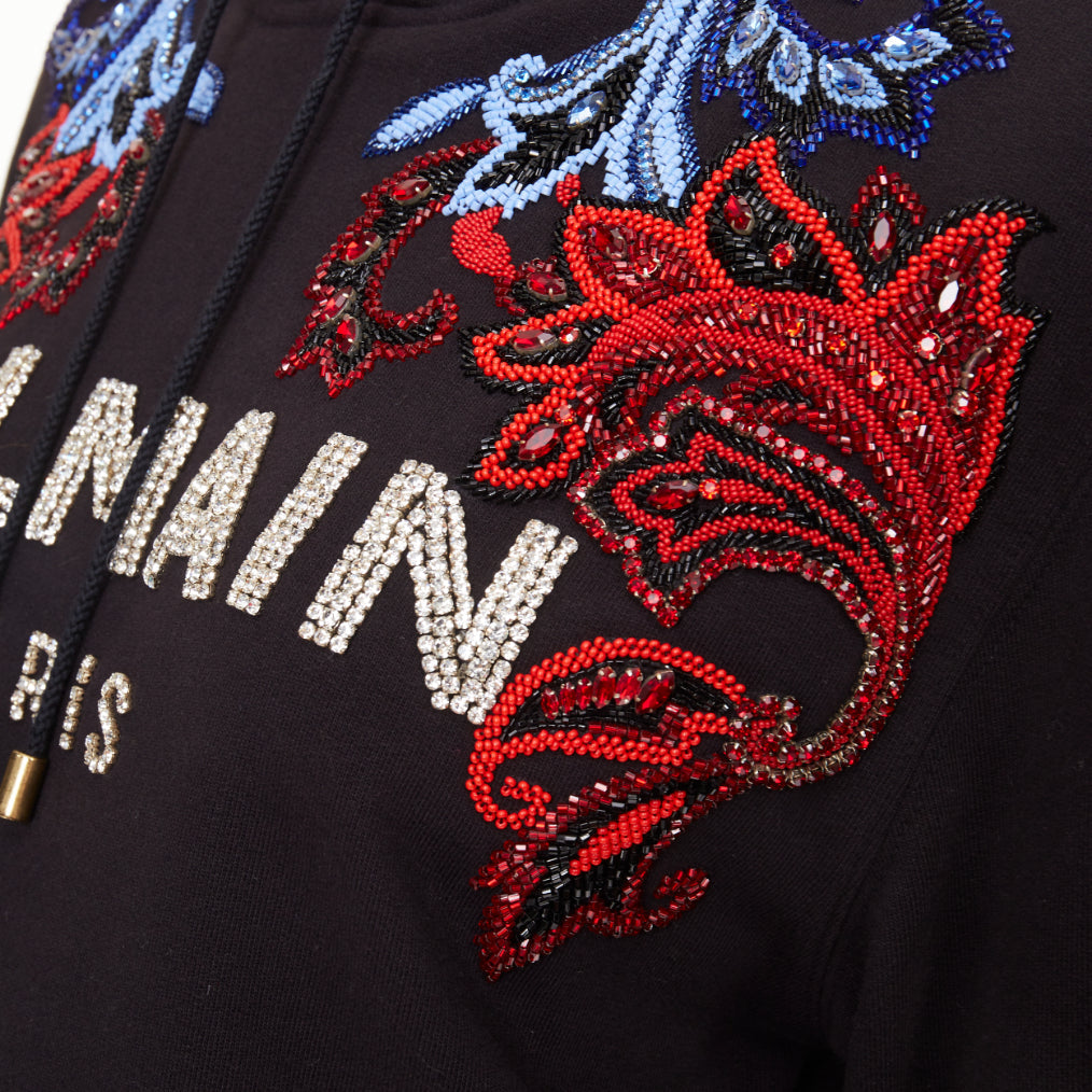 Women's Balmain crystal rhinestone bead baroque logo hoodie