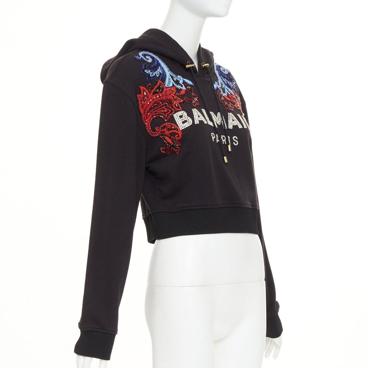 Women's Balmain crystal rhinestone bead baroque logo hoodie