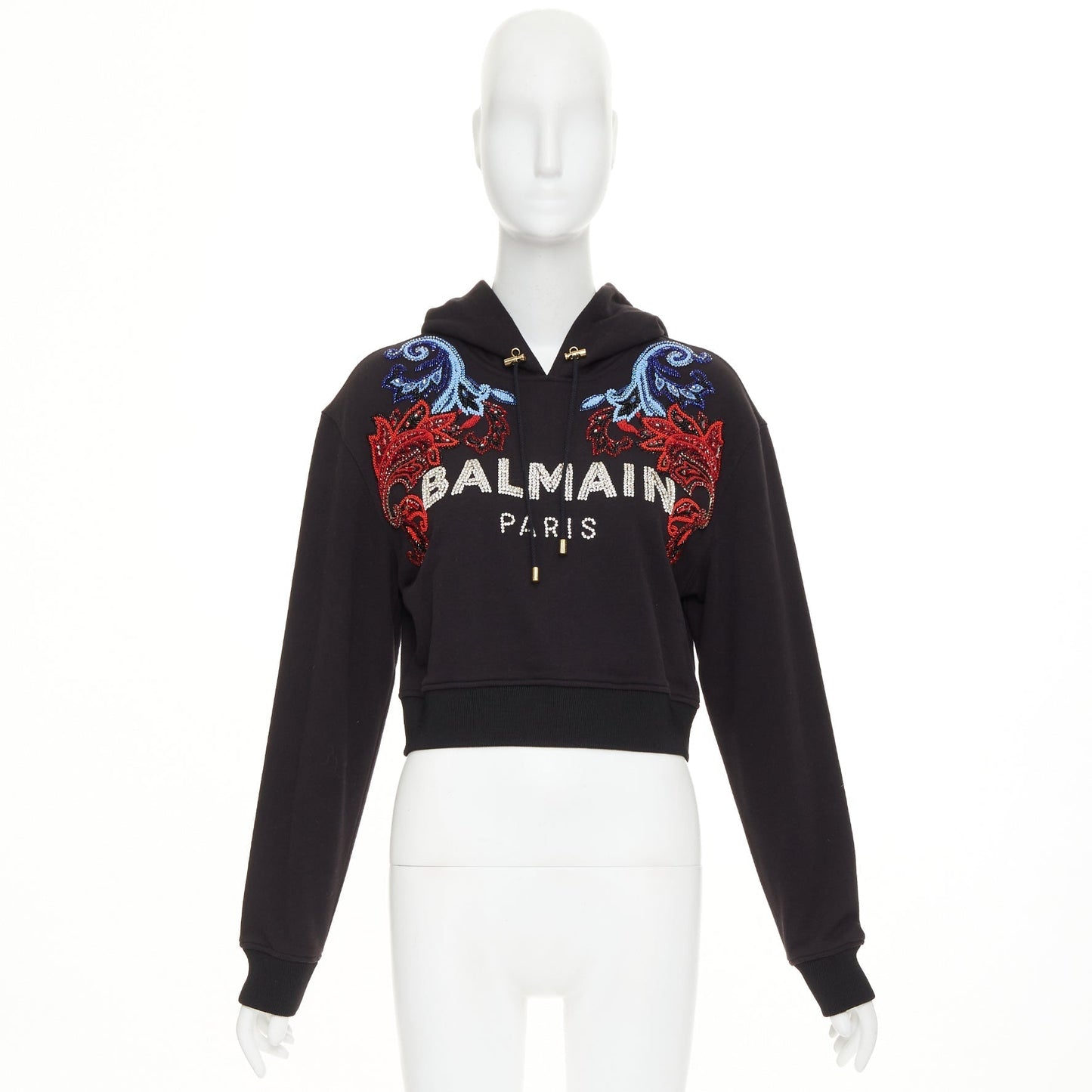 Women's Balmain crystal rhinestone bead baroque logo hoodie