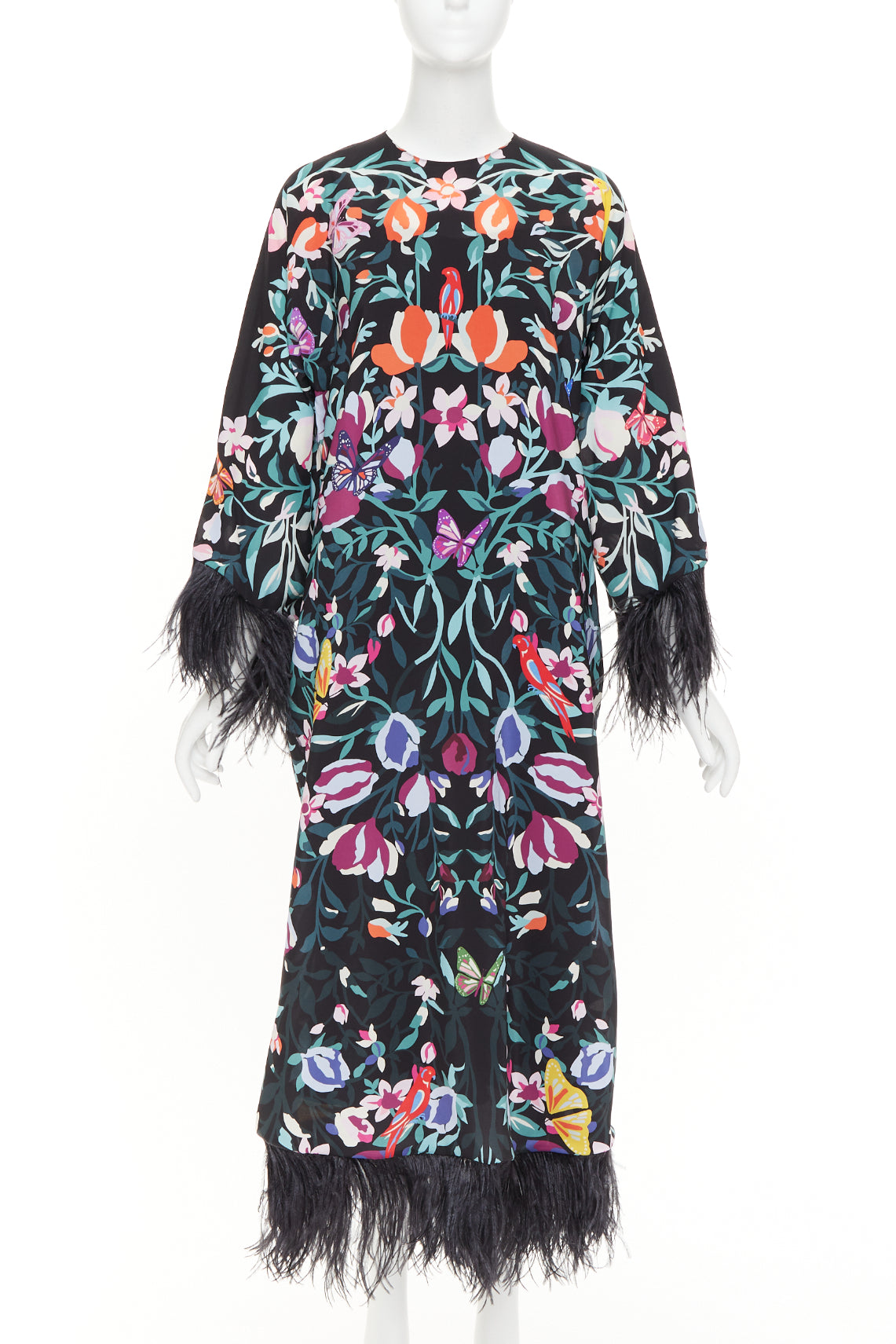 Women's Valentino floral butterflies print feather cuff dress