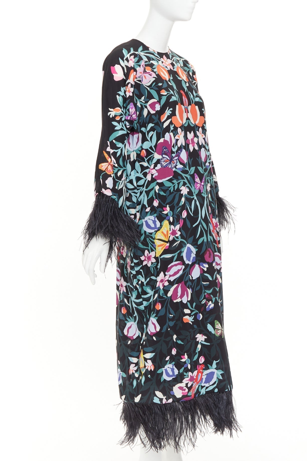 Women's Valentino floral butterflies print feather cuff dress