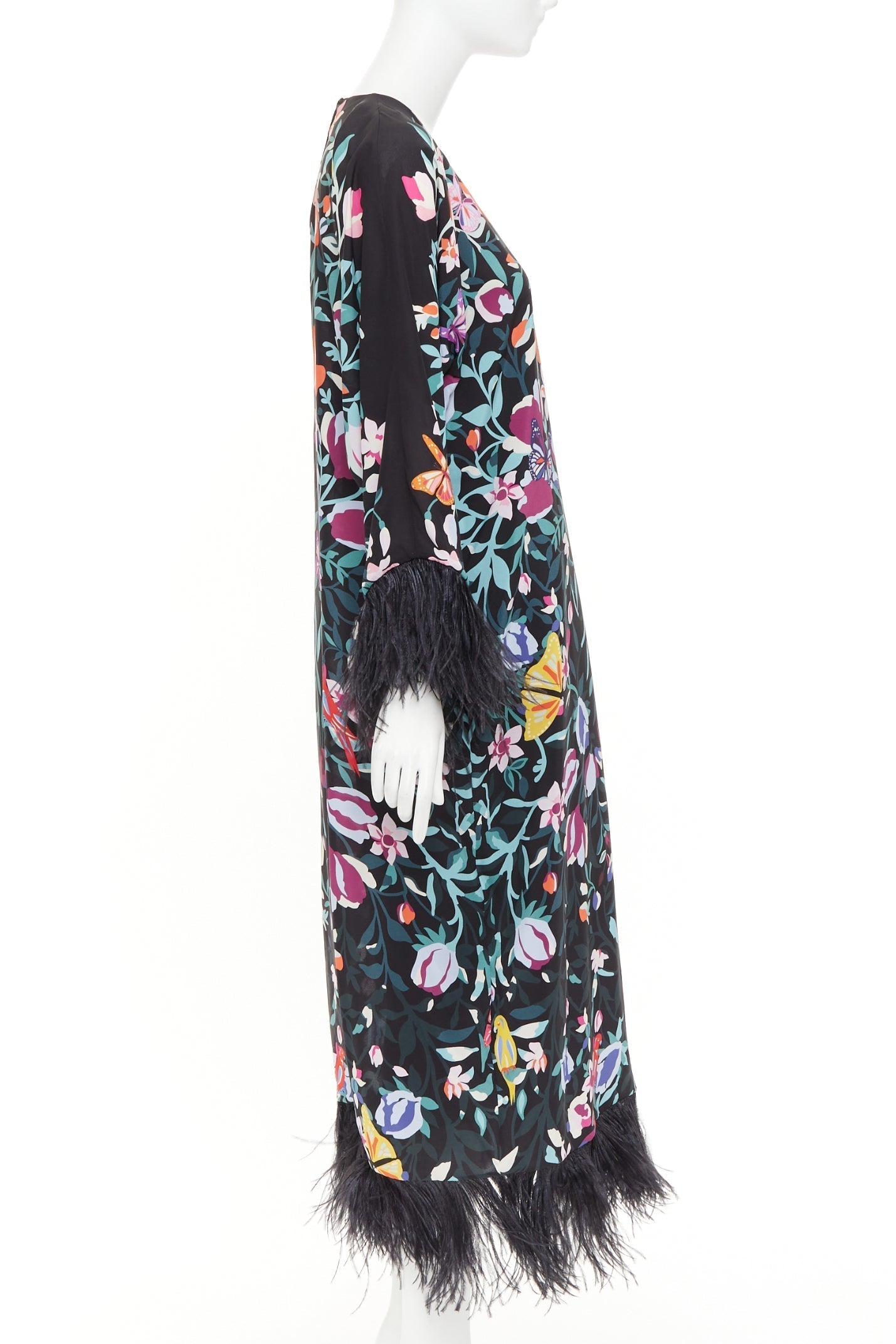 Women's Valentino floral butterflies print feather cuff dress