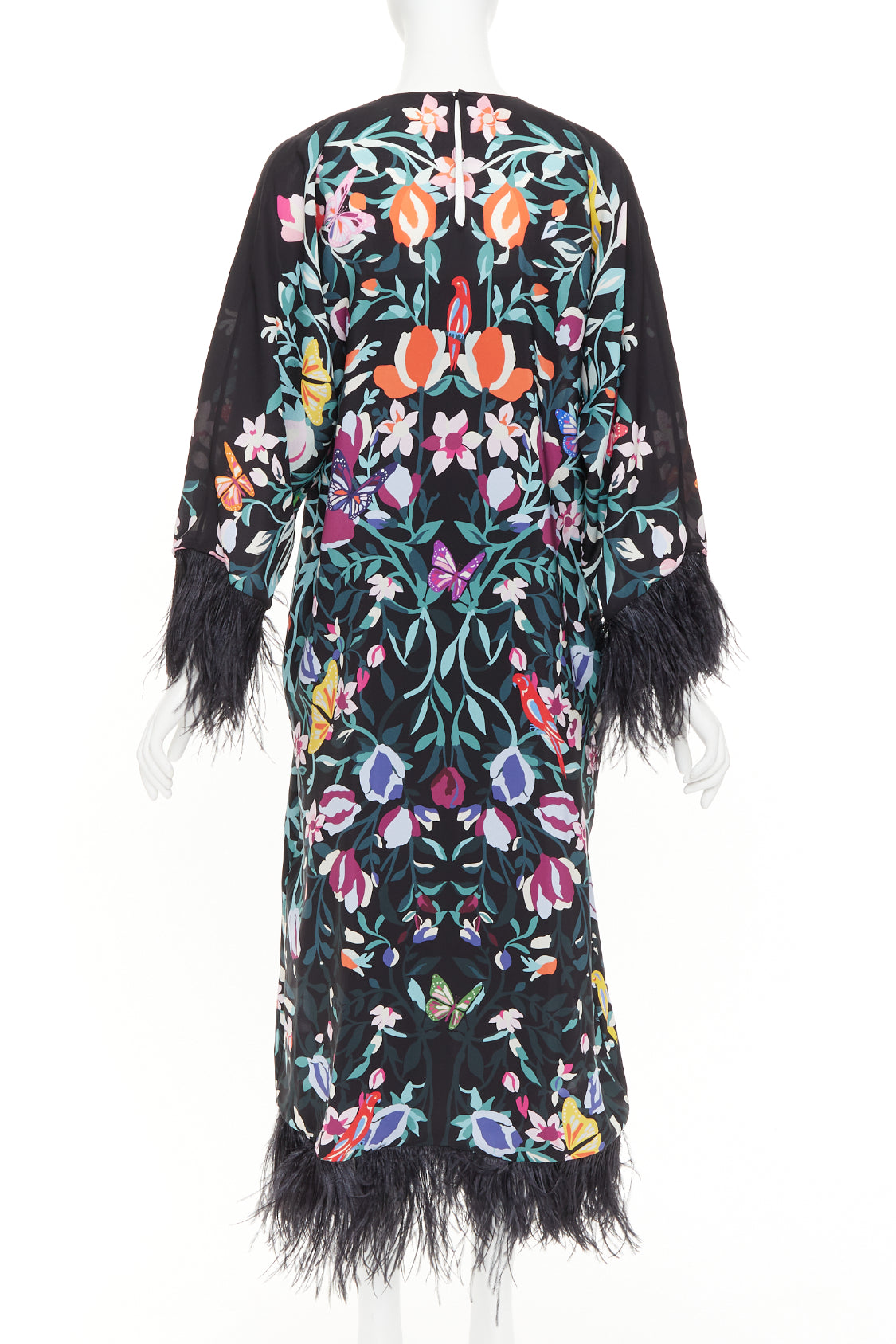 Women's Valentino floral butterflies print feather cuff dress