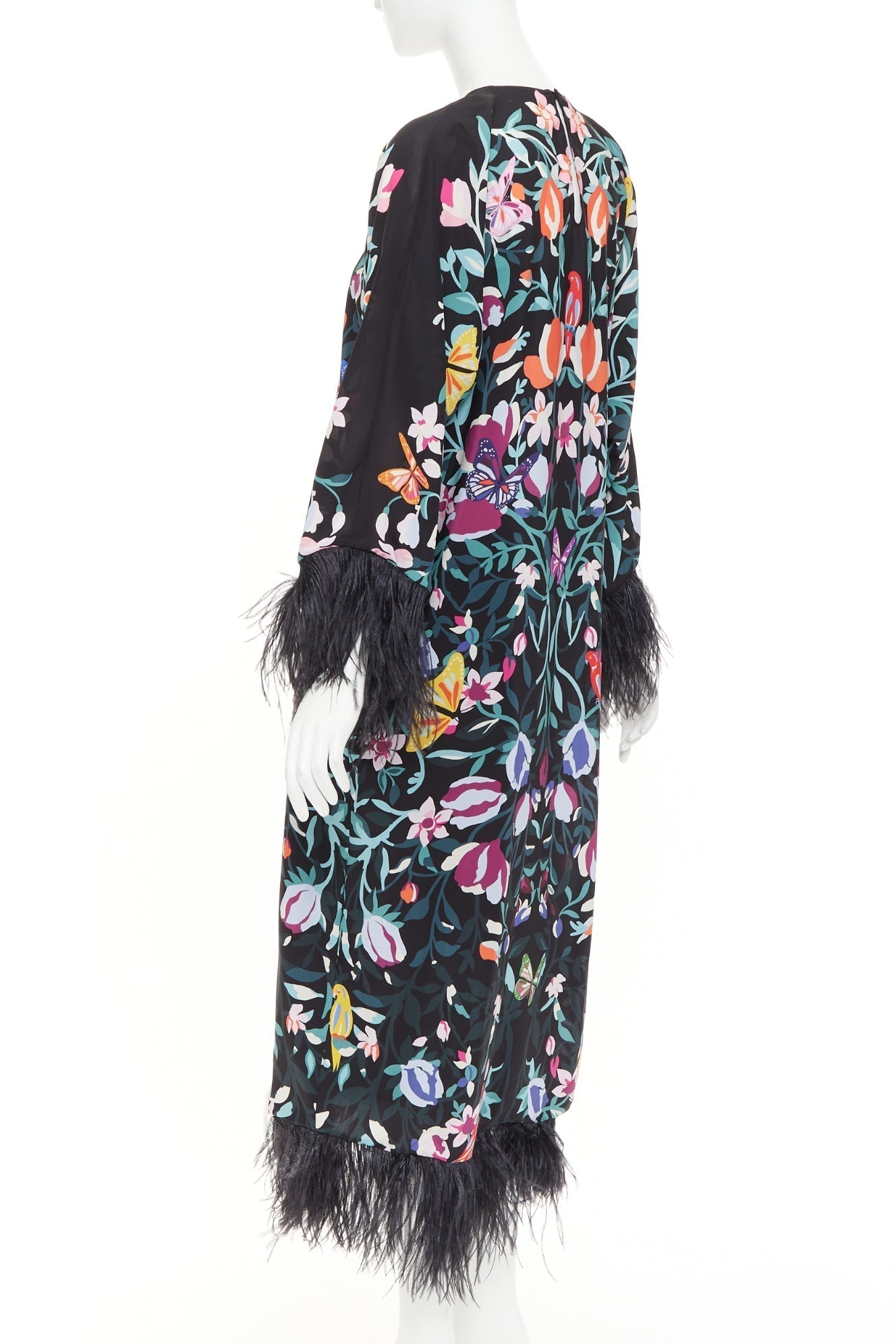Women's Valentino floral butterflies print feather cuff dress