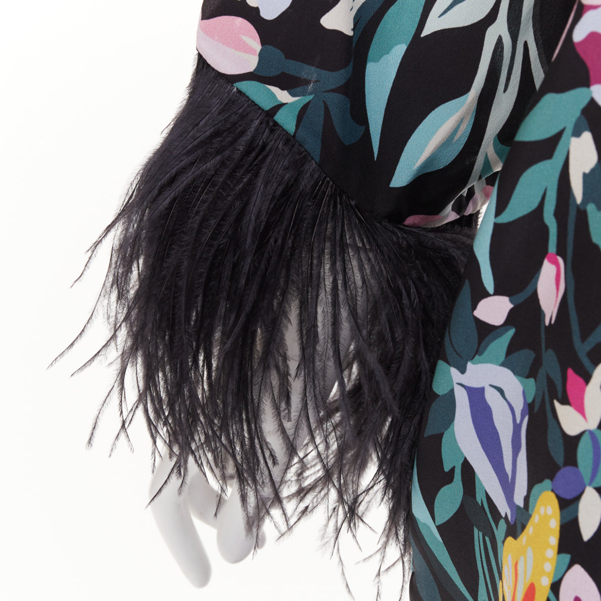 Women's Valentino floral butterflies print feather cuff dress