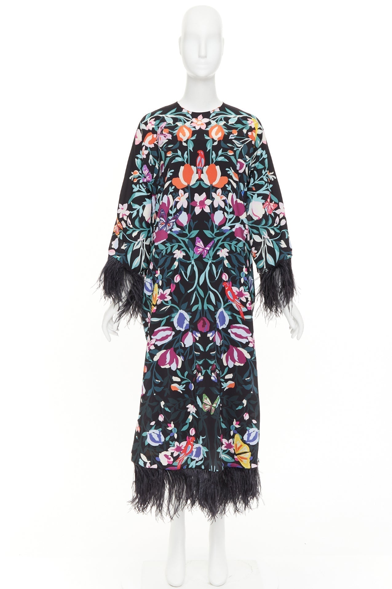 Women's Valentino floral butterflies print feather cuff dress