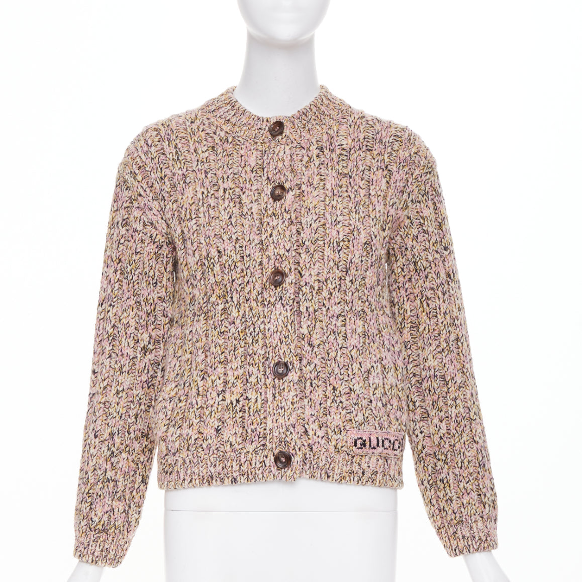 Women's Gucci cable wool knit logo patch cardigan