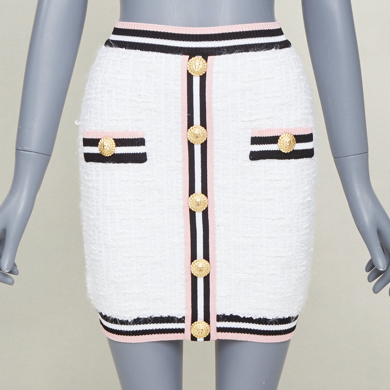 Women's Balmain knit tweed striped border lion button skirt