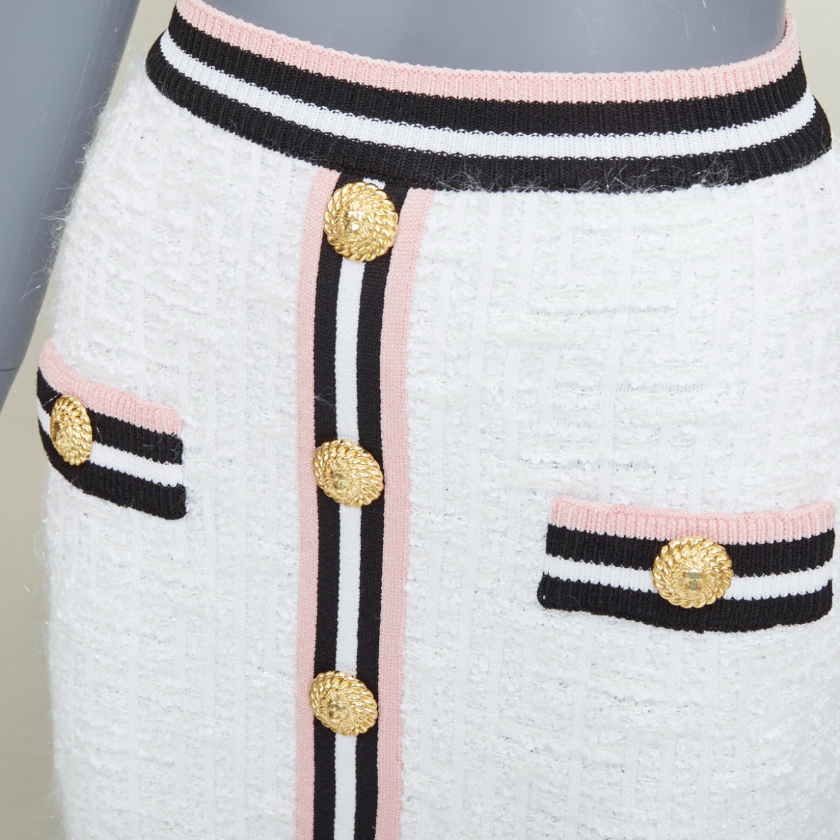 Women's Balmain knit tweed striped border lion button skirt