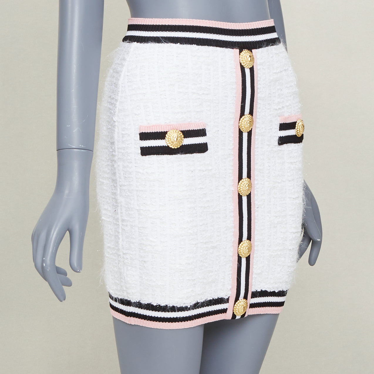 Women's Balmain knit tweed striped border lion button skirt