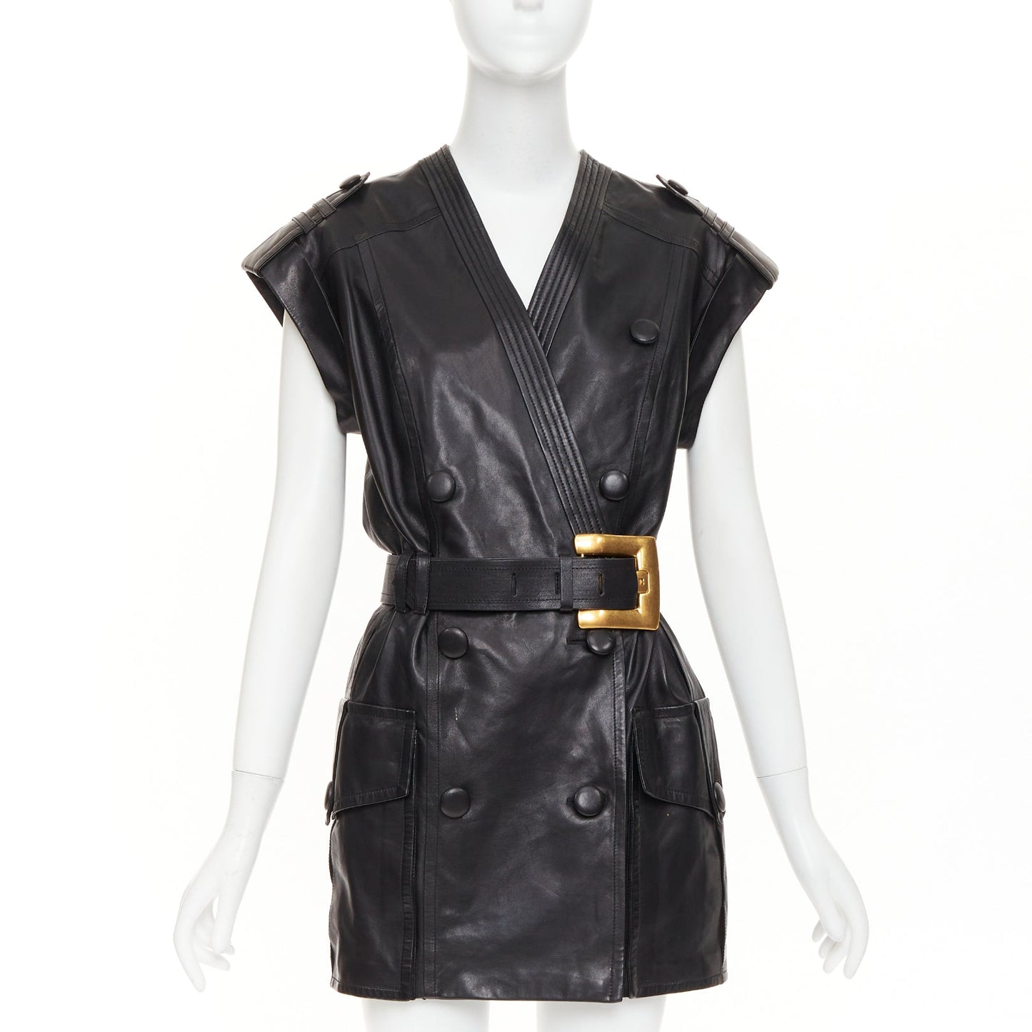 Women's Balmain leather gold buckle belted dress