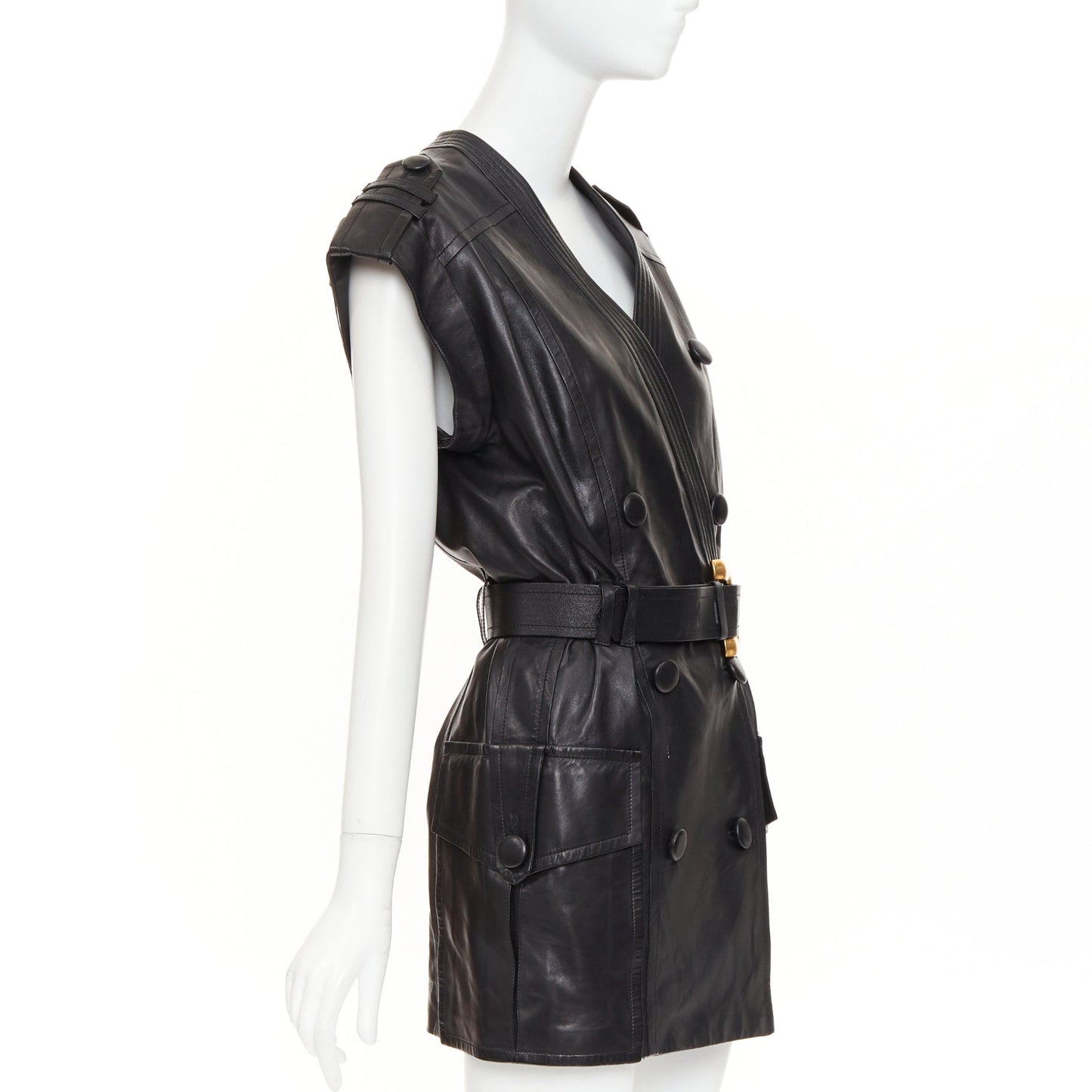 Women's Balmain leather gold buckle belted dress