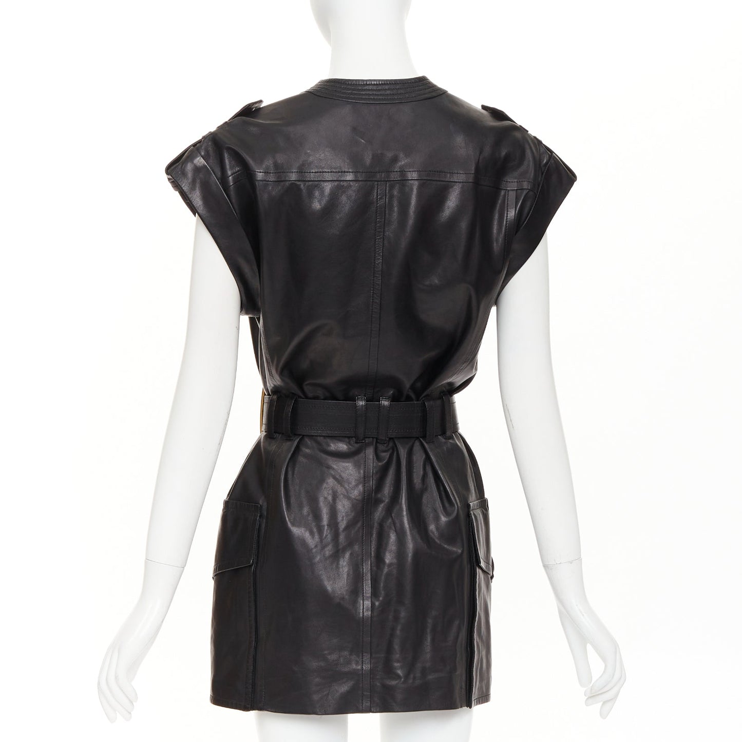 Women's Balmain leather gold buckle belted dress