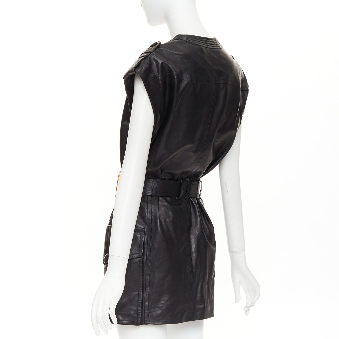Women's Balmain leather gold buckle belted dress