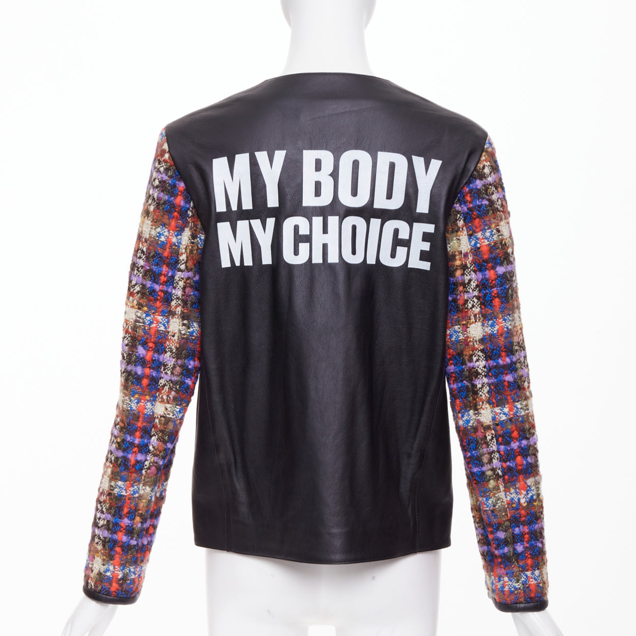 Women's Gucci Interlocking G Patch leather plaid sleeve jacket