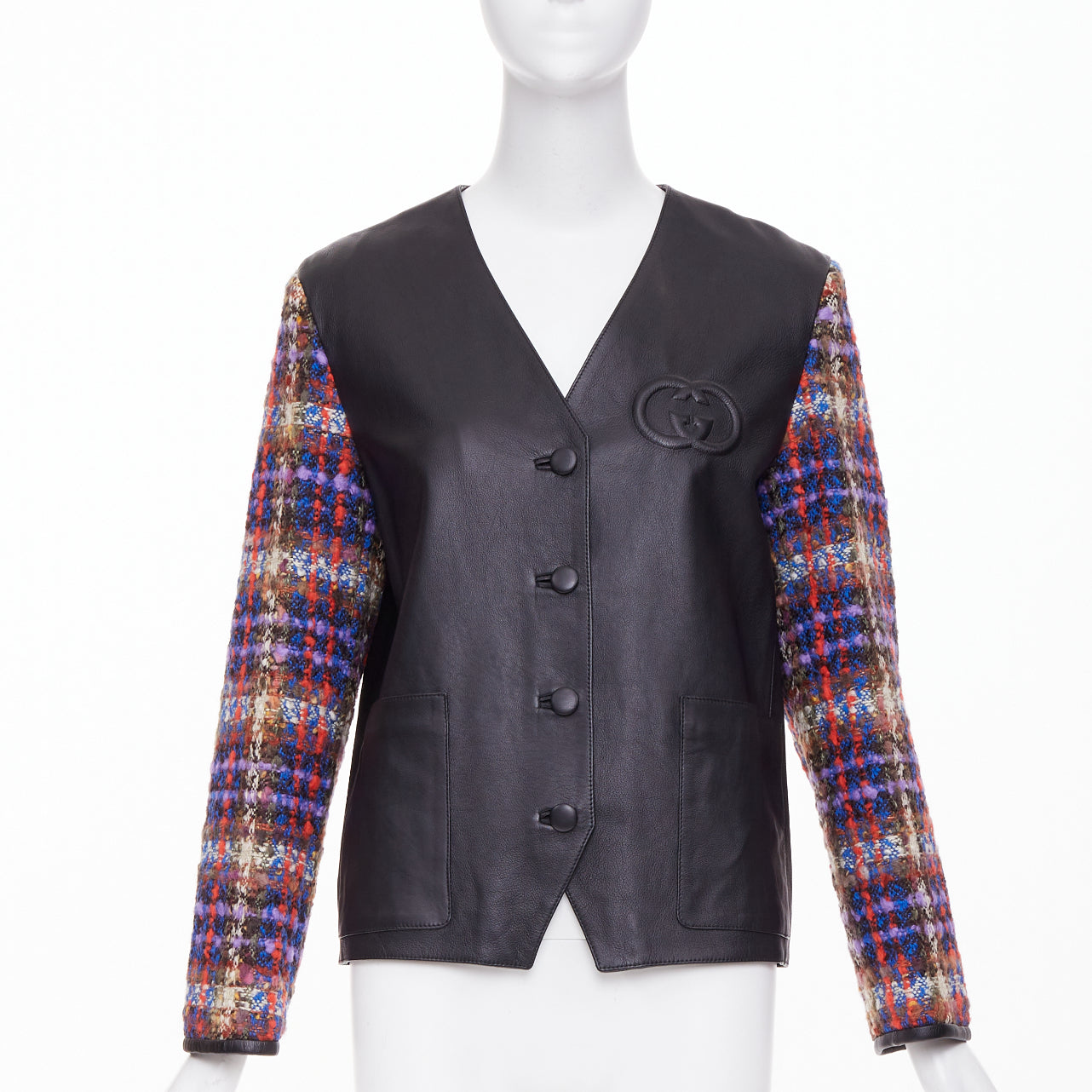 Women's Gucci Interlocking G Patch leather plaid sleeve jacket