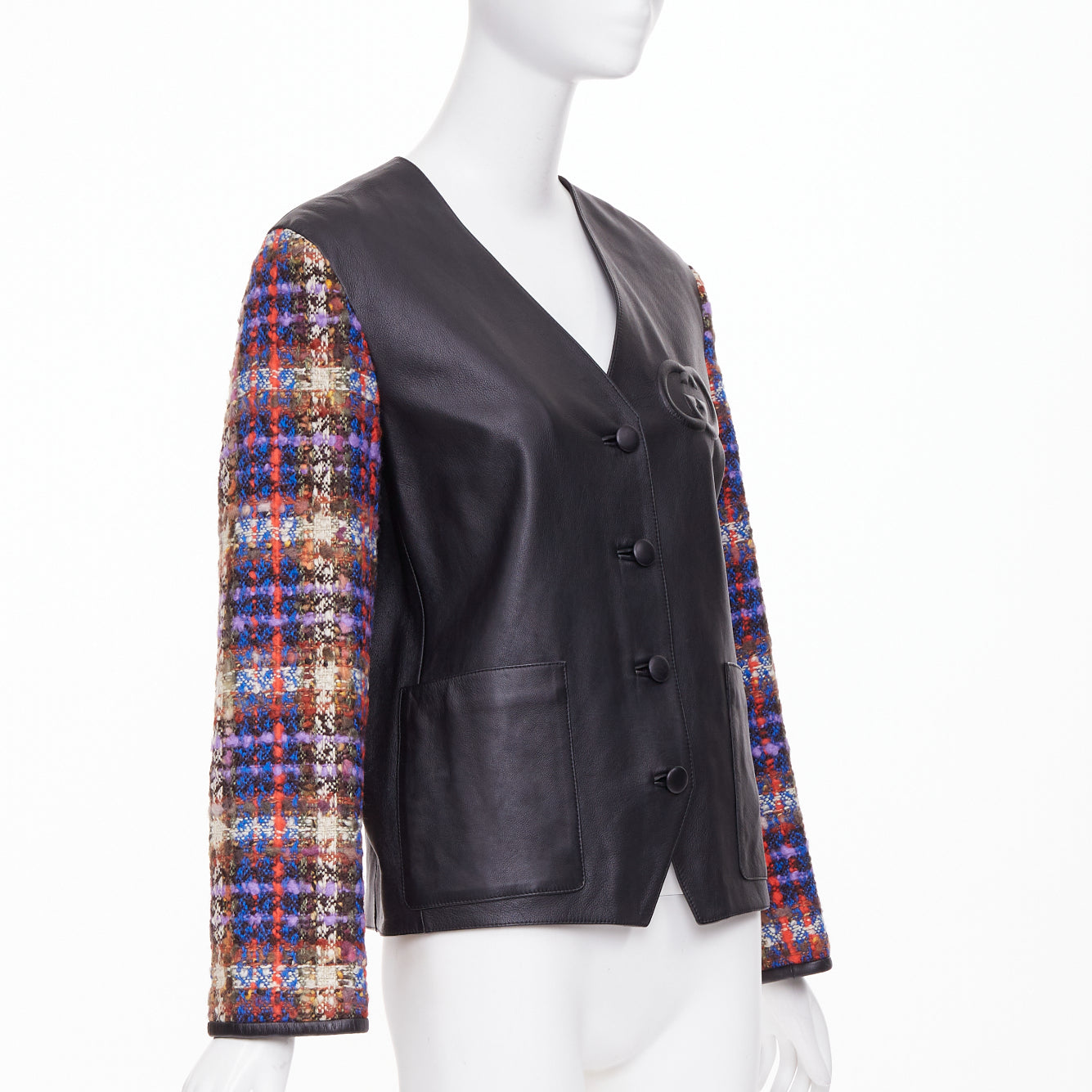 Women's Gucci Interlocking G Patch leather plaid sleeve jacket
