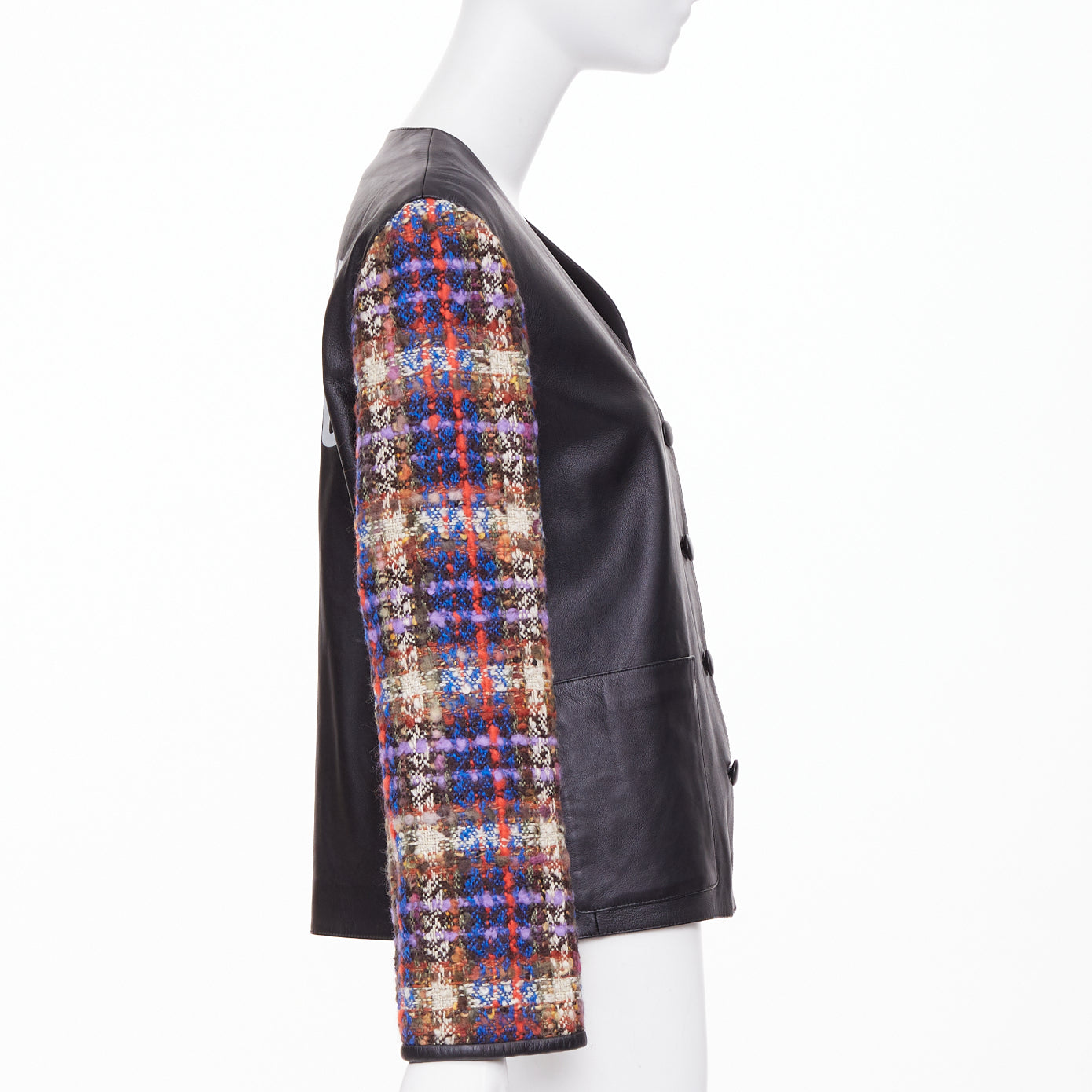 Women's Gucci Interlocking G Patch leather plaid sleeve jacket