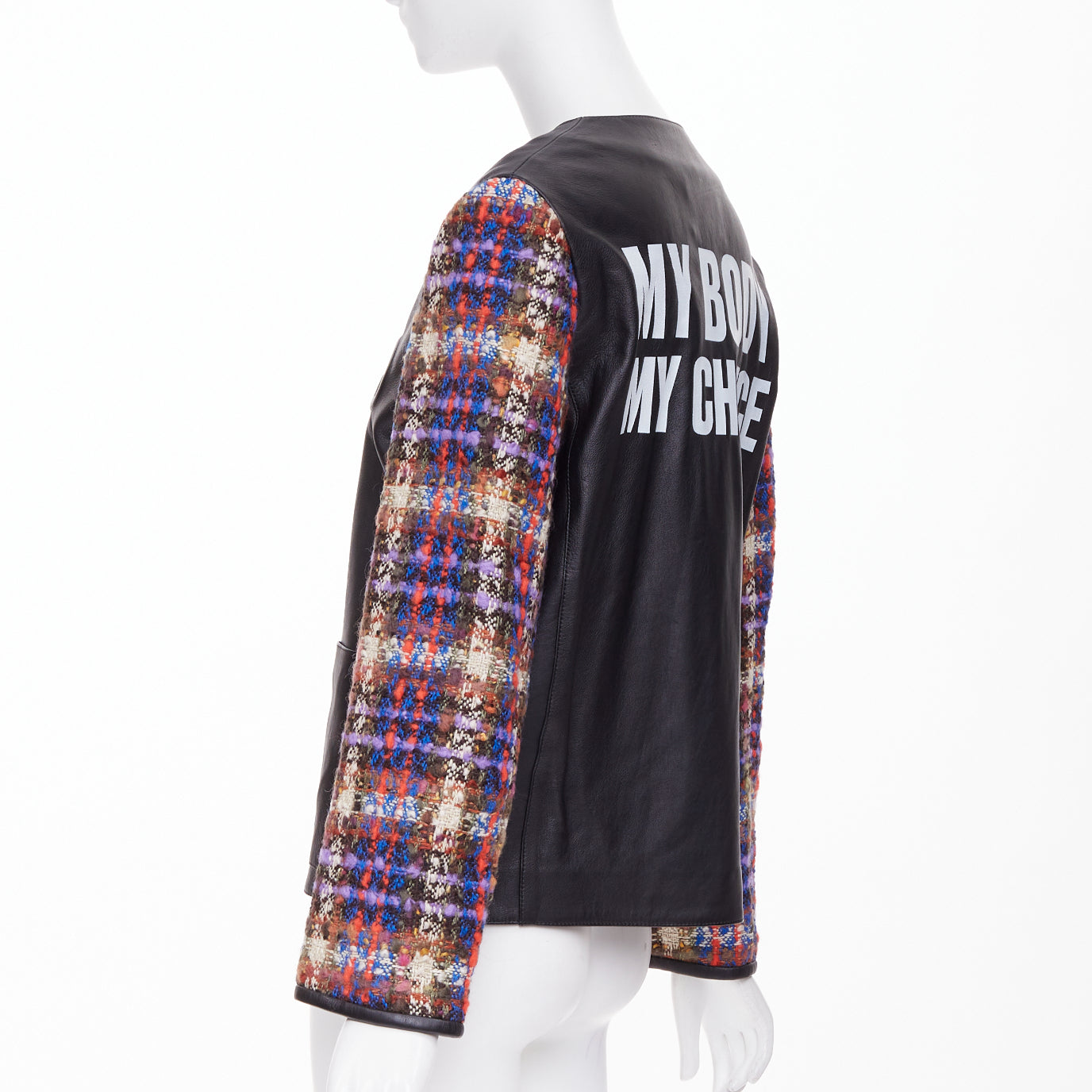 Women's Gucci Interlocking G Patch leather plaid sleeve jacket