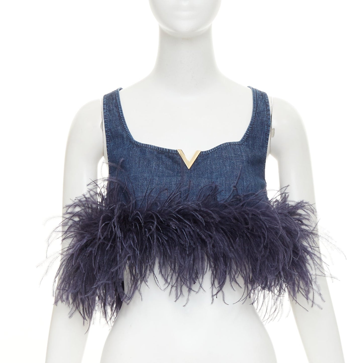 Women's Valentino denim turkey feather trimmed crop top