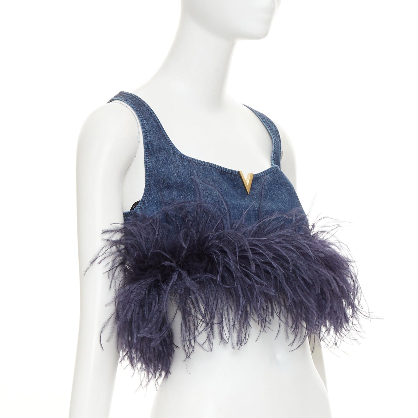 Women's Valentino denim turkey feather trimmed crop top