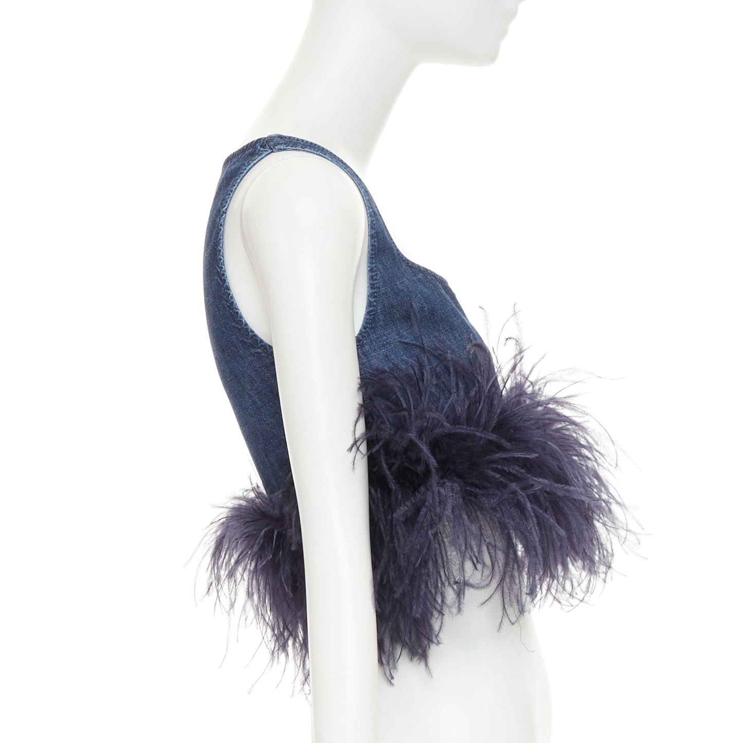 Women's Valentino denim turkey feather trimmed crop top