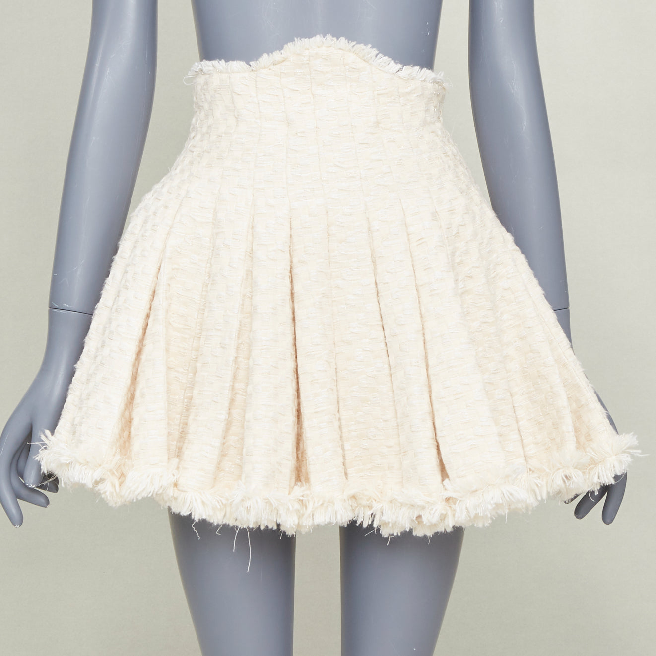 Women's Balmain frayed pleated cotton tweed curved skater mini skirt