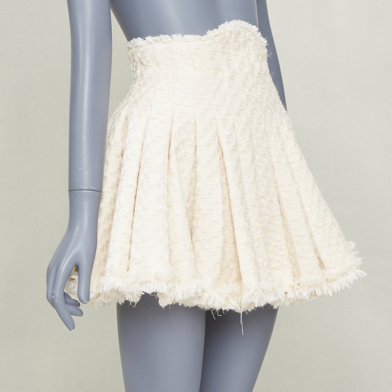 Women's Balmain frayed pleated cotton tweed curved skater mini skirt