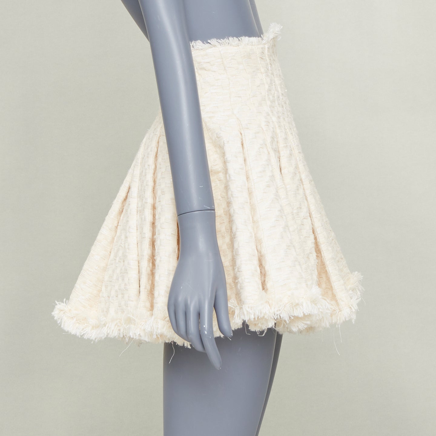 Women's Balmain frayed pleated cotton tweed curved skater mini skirt