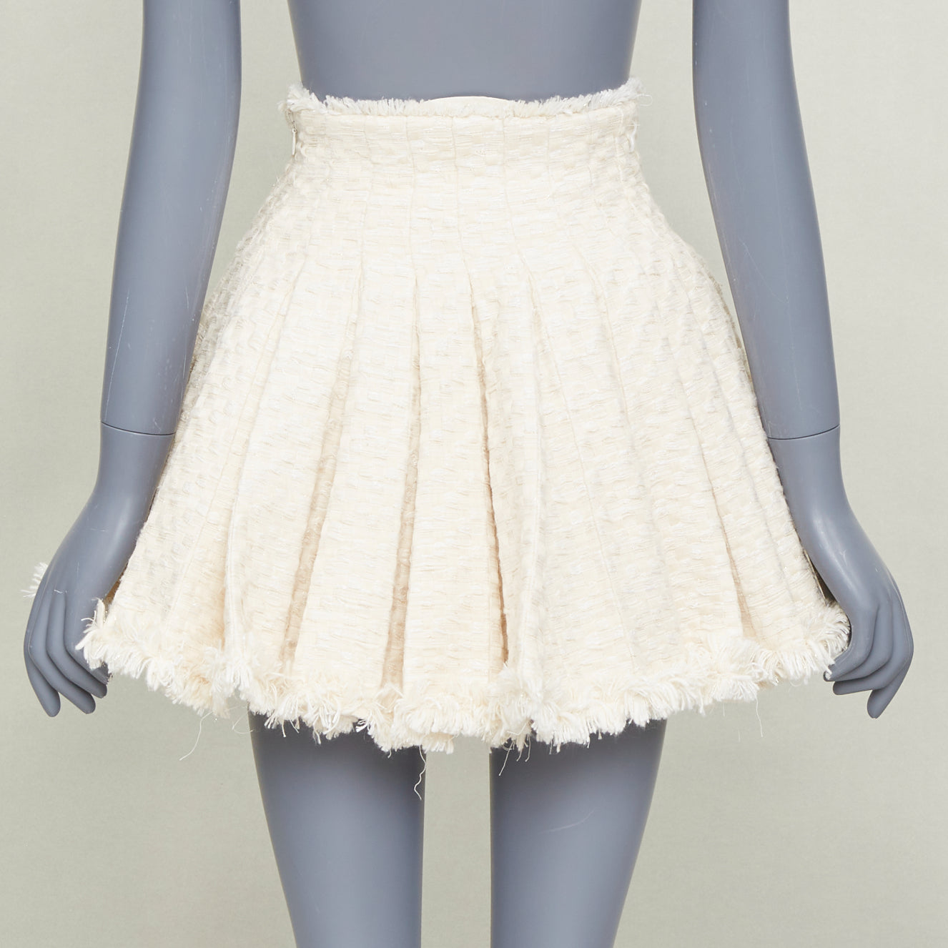Women's Balmain frayed pleated cotton tweed curved skater mini skirt