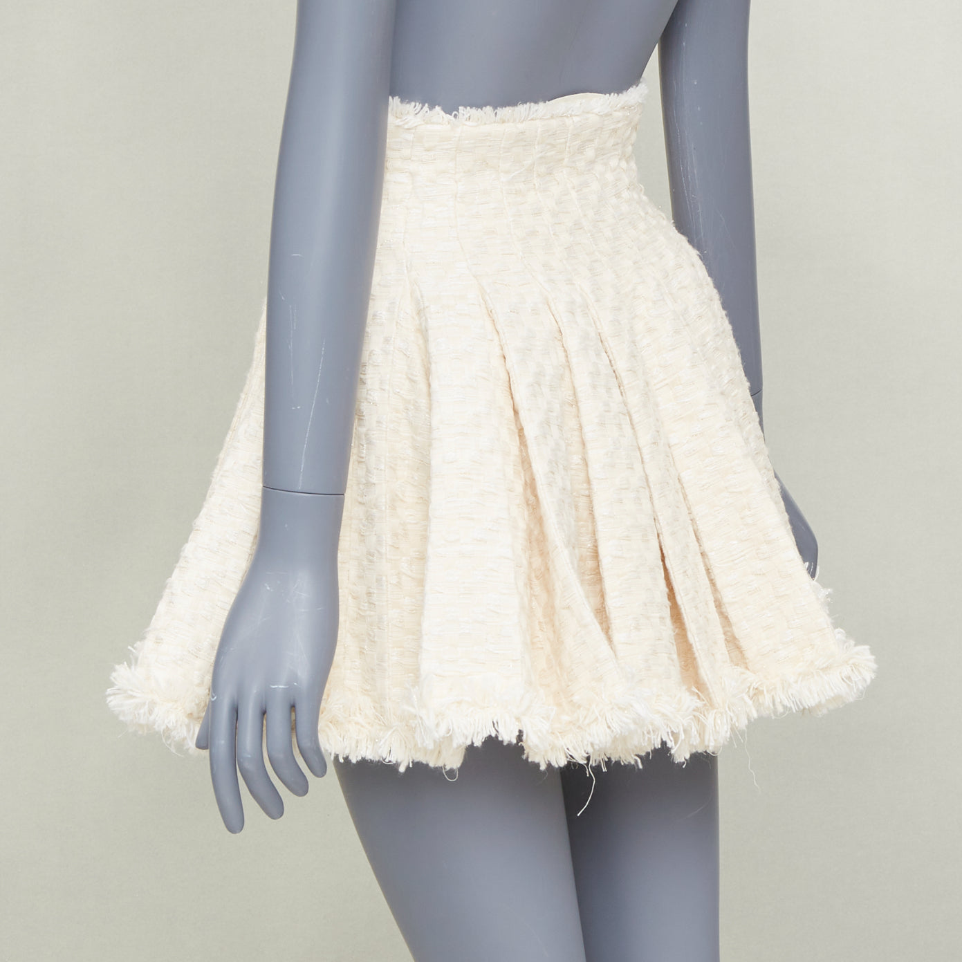 Women's Balmain frayed pleated cotton tweed curved skater mini skirt