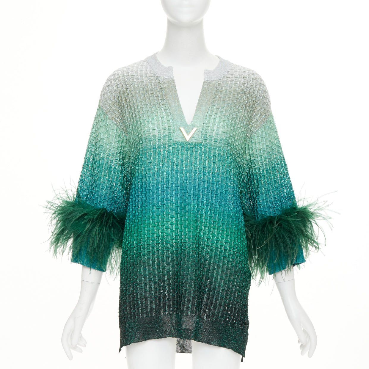 Women's Valentino lurex ombre ostrich feather trim knitted top
