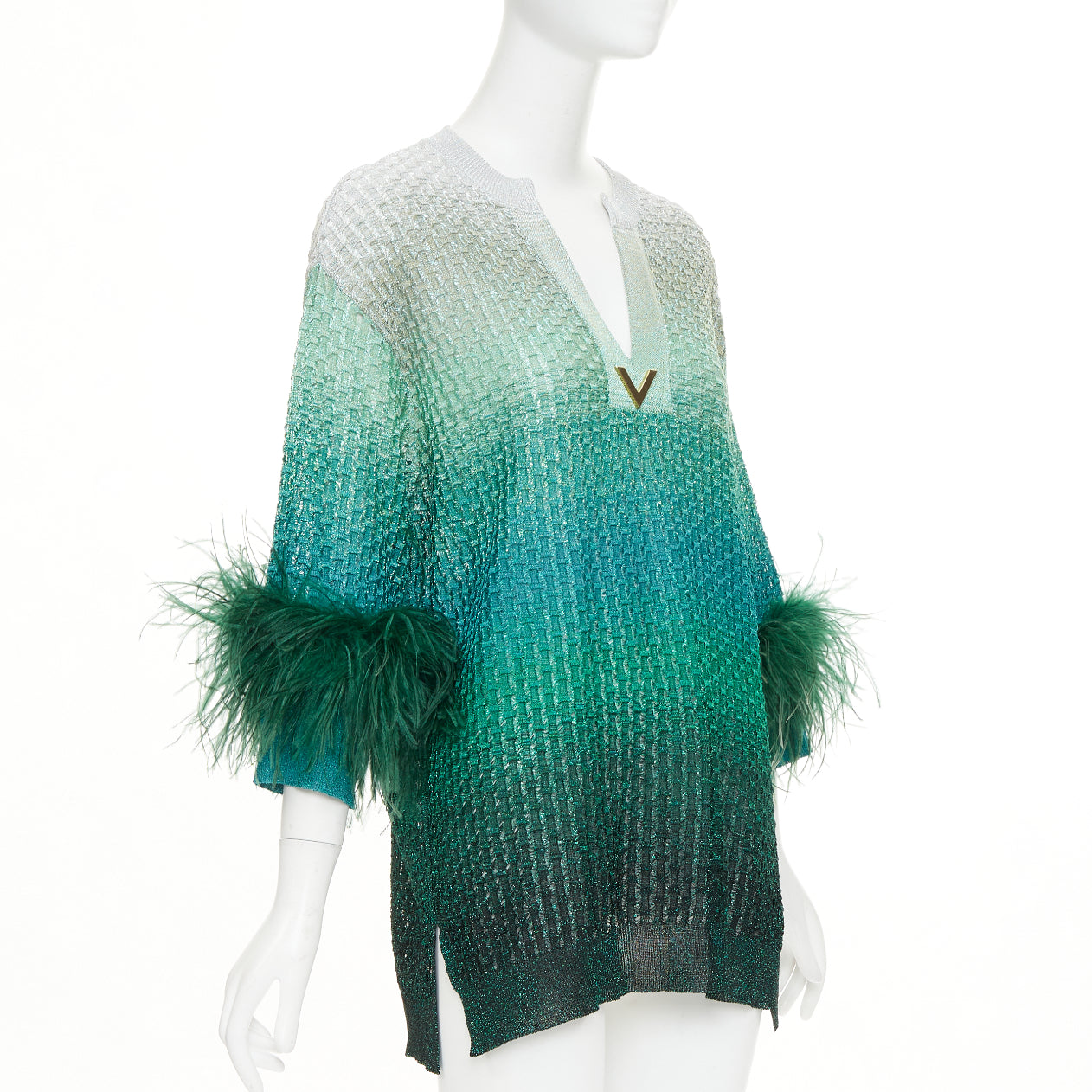 Women's Valentino lurex ombre ostrich feather trim knitted top