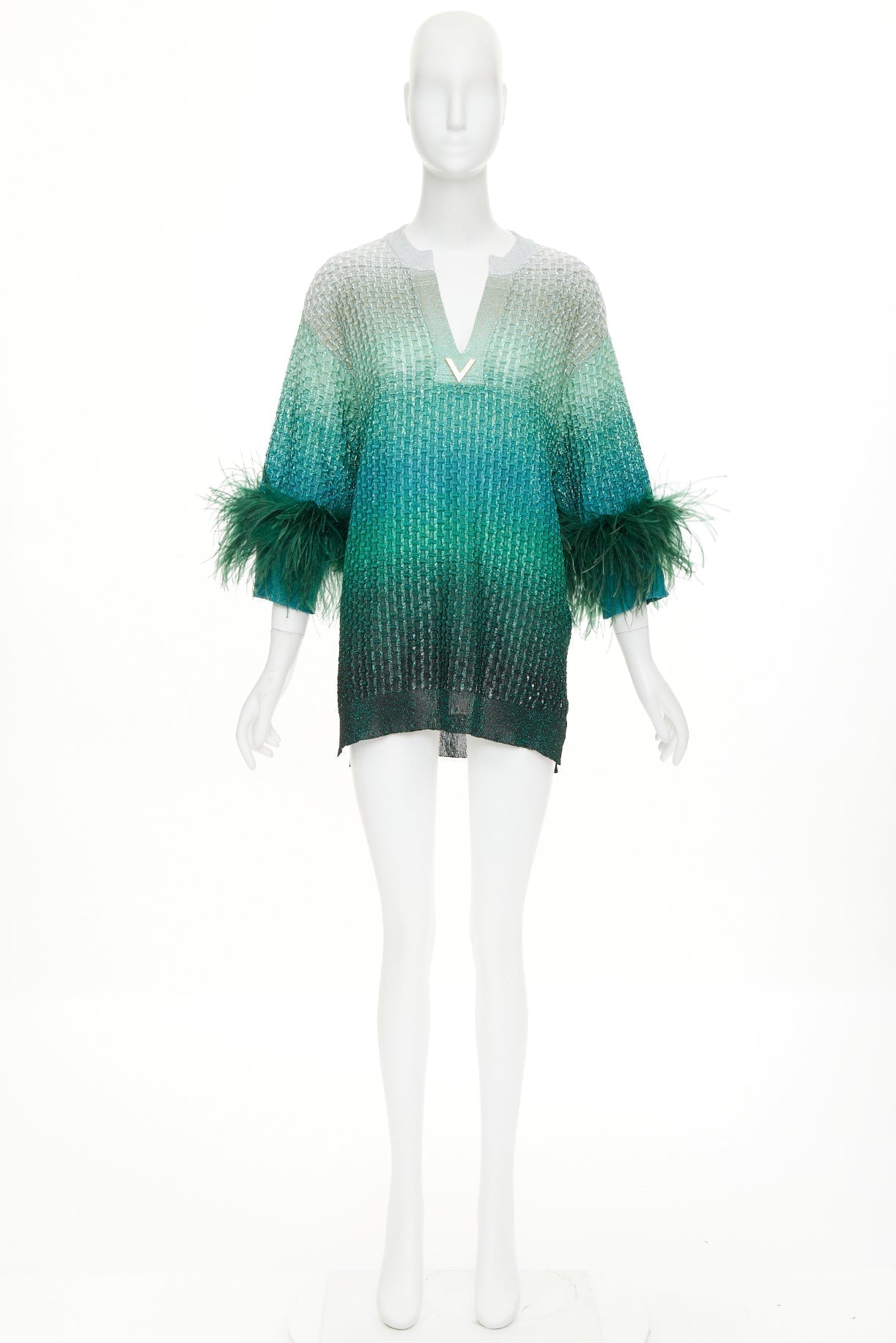 Women's Valentino lurex ombre ostrich feather trim knitted top