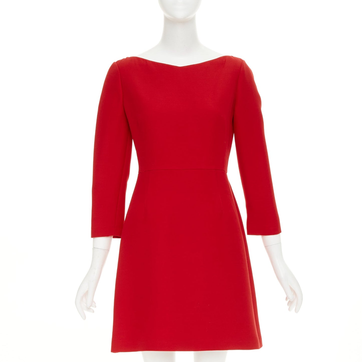 Women's Valentino wide V neck red wool silk A-line dress