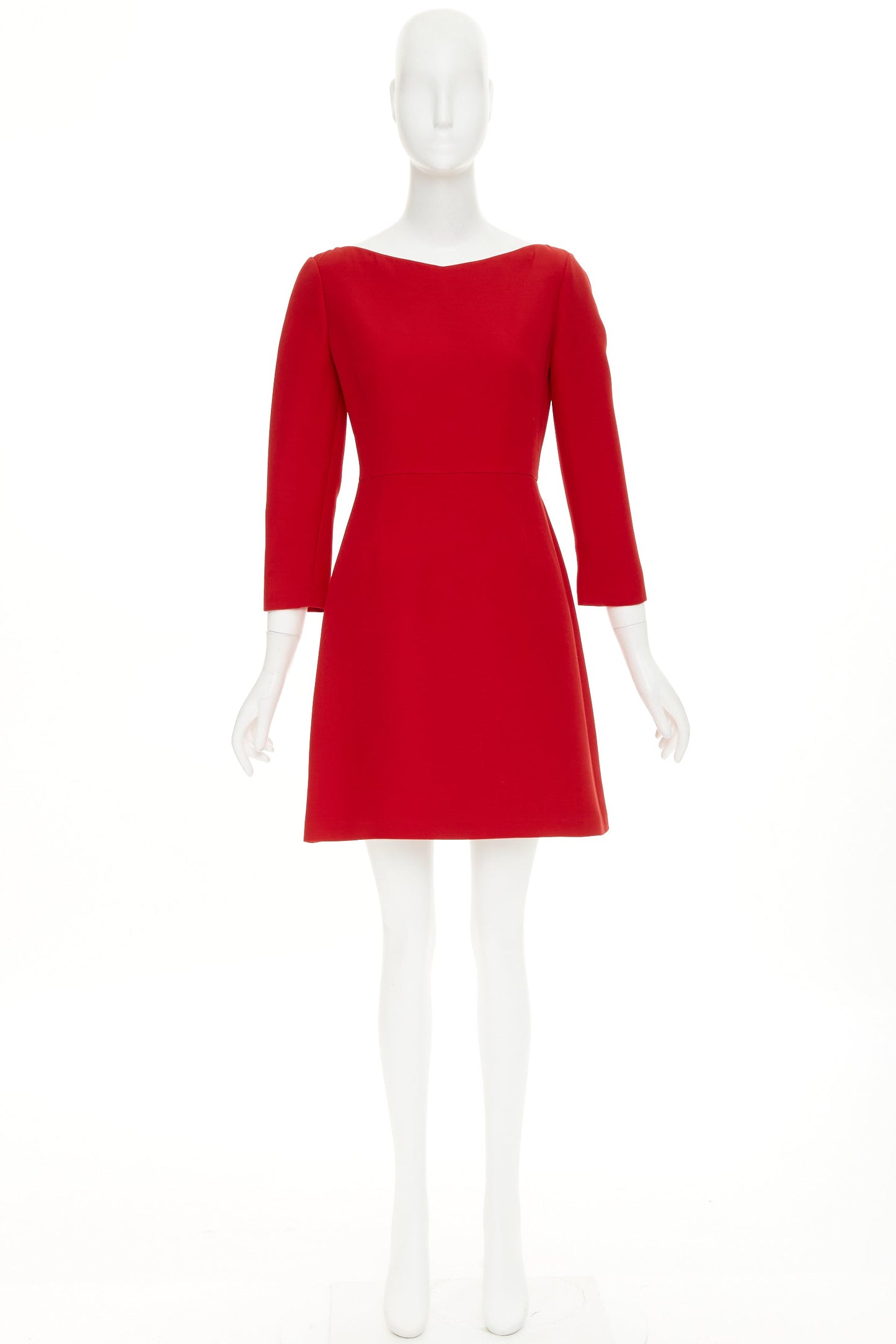 Women's Valentino wide V neck red wool silk A-line dress