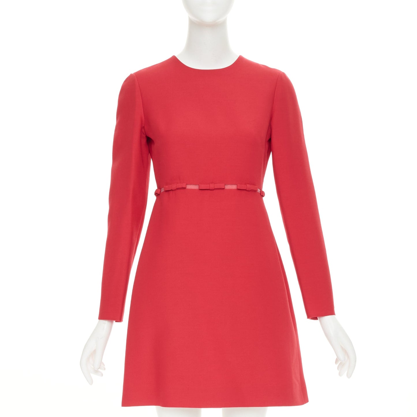 Women's Valentino red wool silk crepe ribbon mesh waist dress