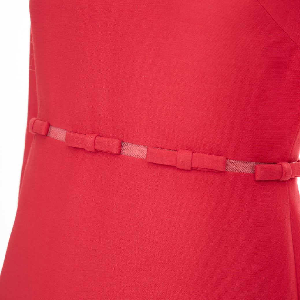 Women's Valentino red wool silk crepe ribbon mesh waist dress