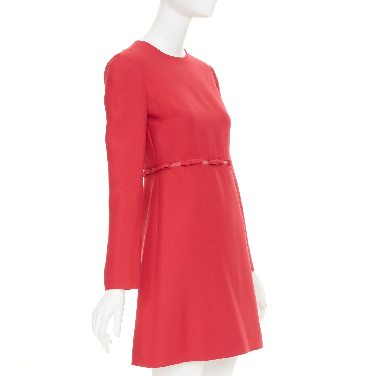 Women's Valentino red wool silk crepe ribbon mesh waist dress