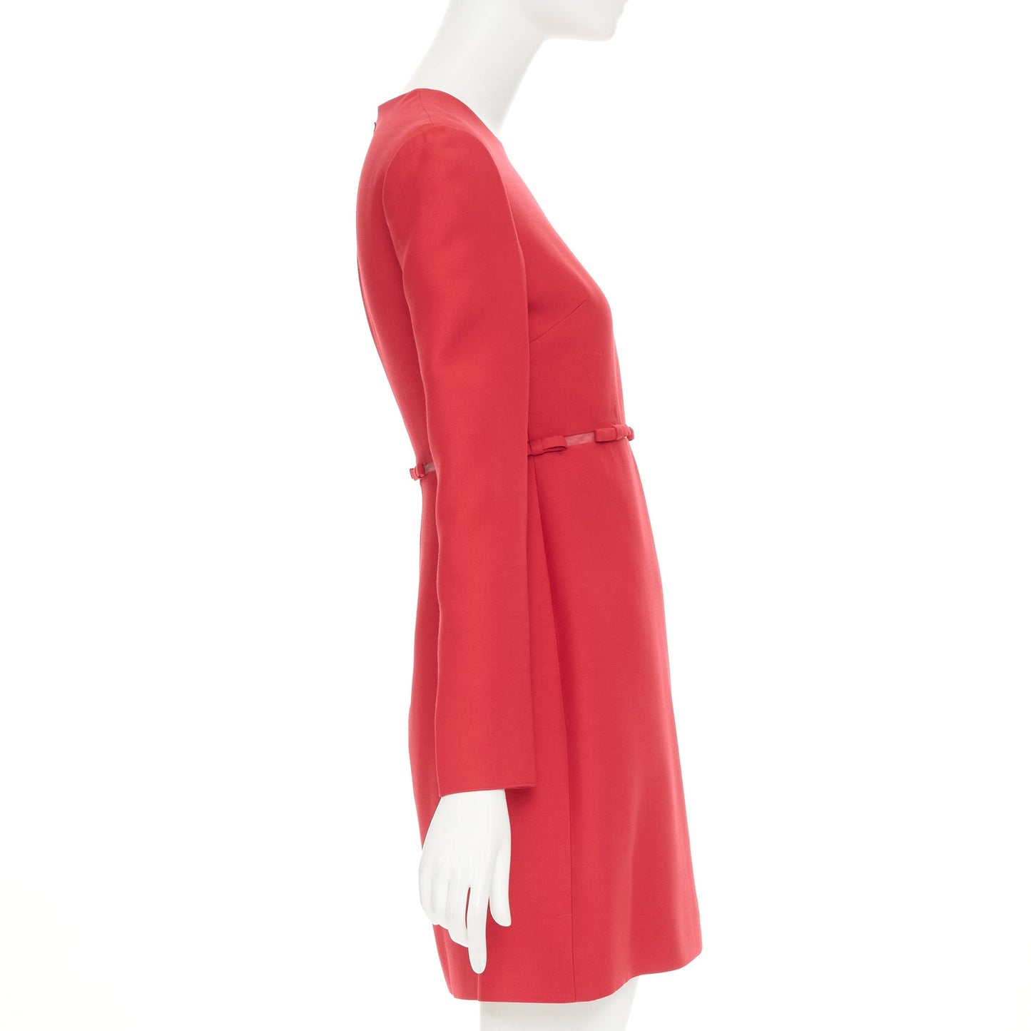 Women's Valentino red wool silk crepe ribbon mesh waist dress