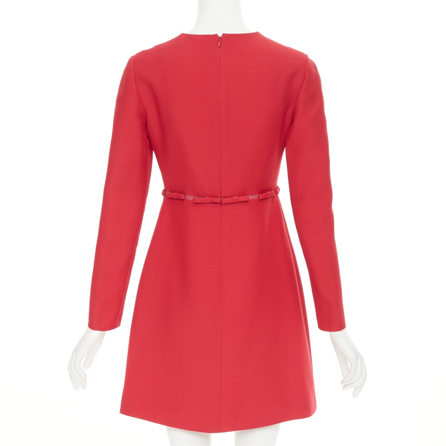 Women's Valentino red wool silk crepe ribbon mesh waist dress