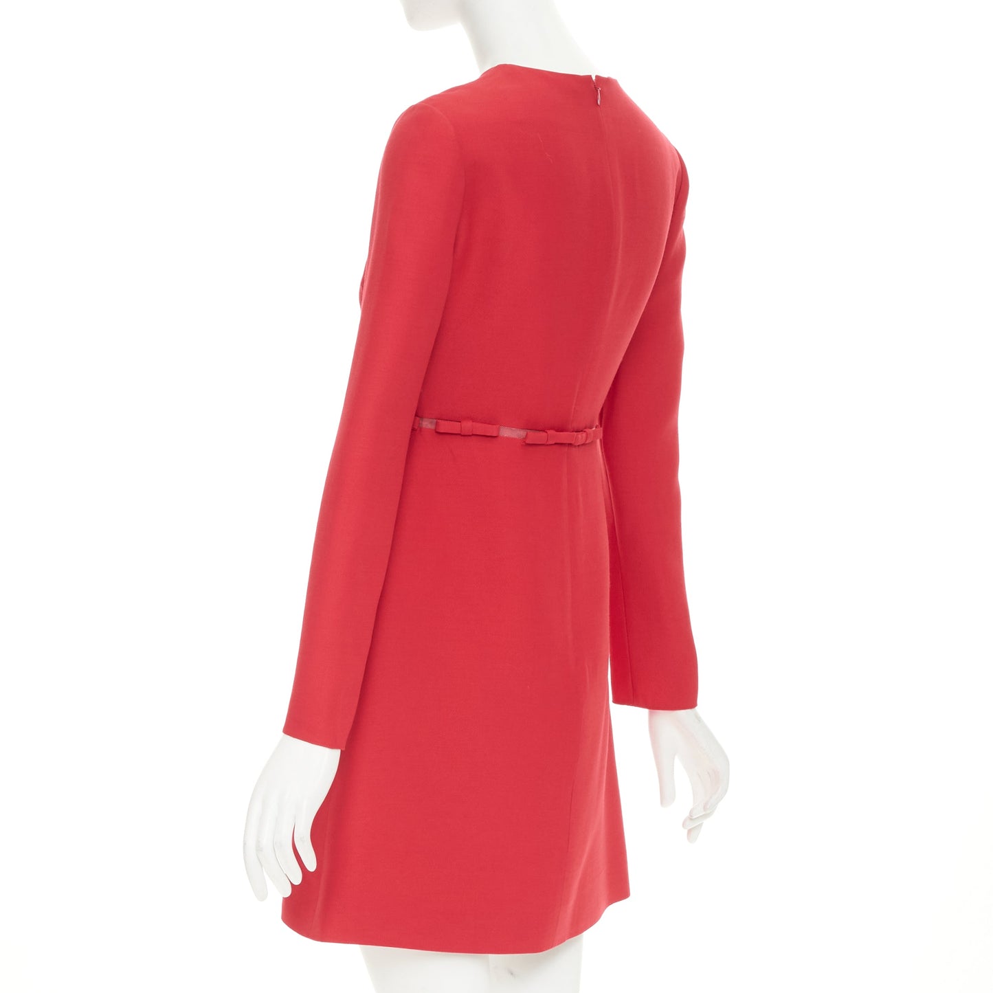 Women's Valentino red wool silk crepe ribbon mesh waist dress