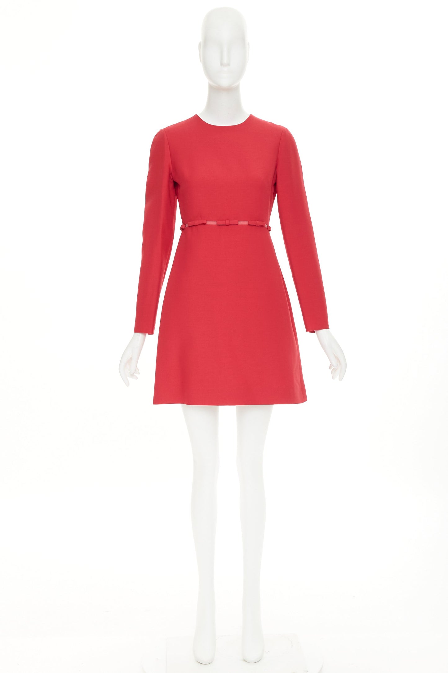 Women's Valentino red wool silk crepe ribbon mesh waist dress