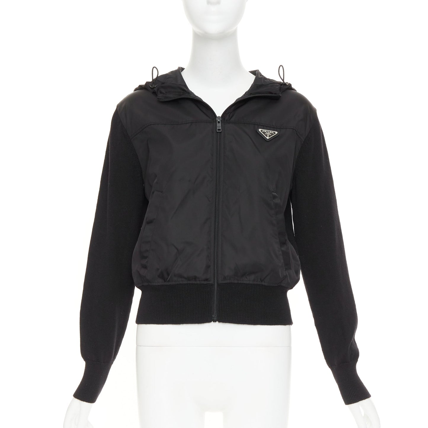 Women's Prada virgin wool nylon front triangle logo zip hoodie