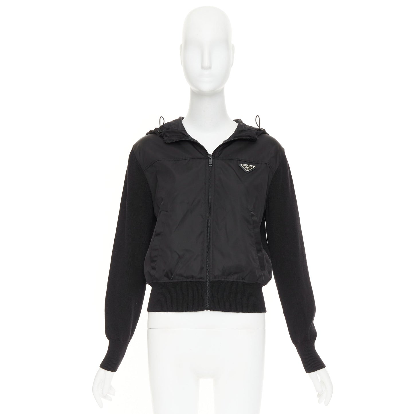 Women's Prada virgin wool nylon front triangle logo zip hoodie