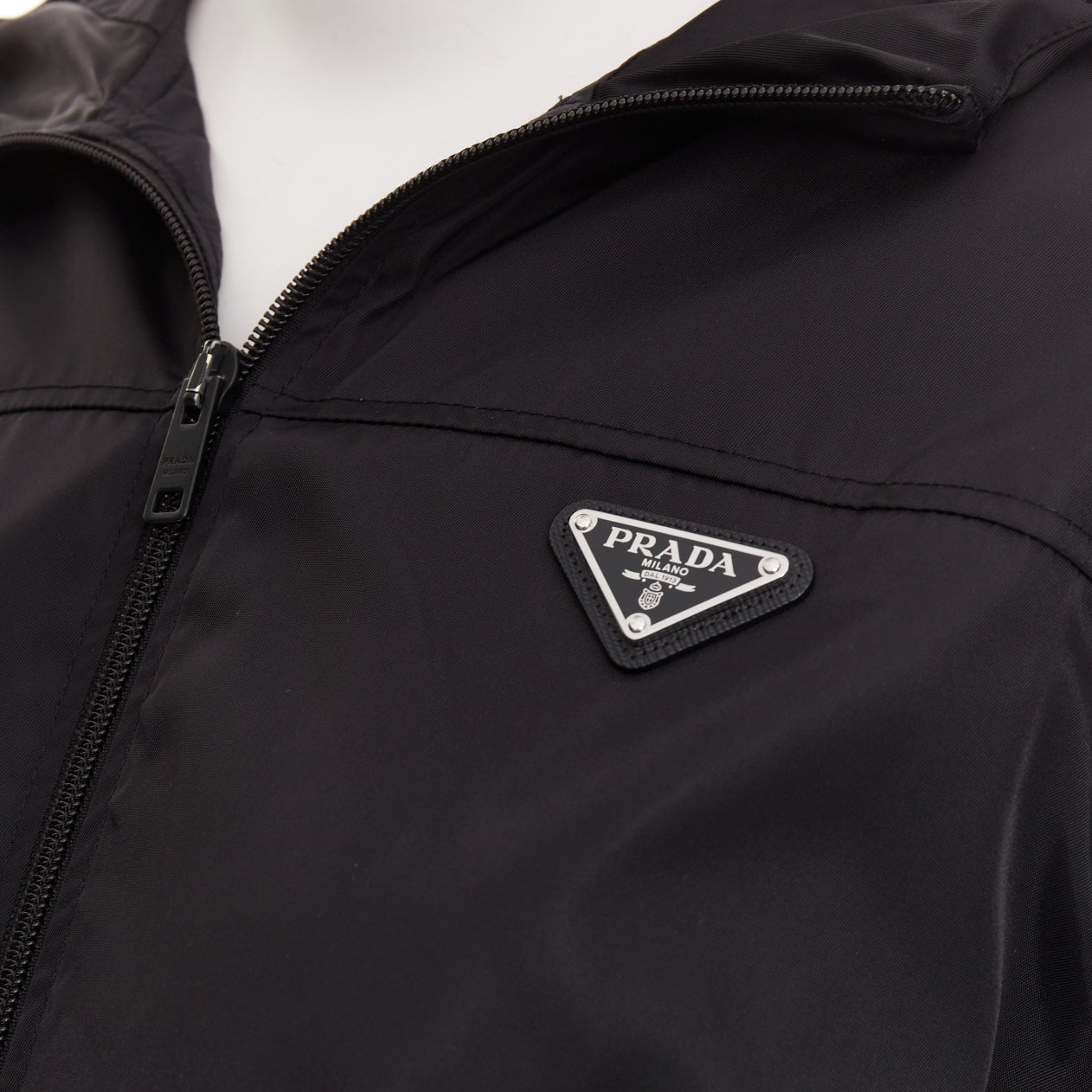 Women's Prada virgin wool nylon front triangle logo zip hoodie