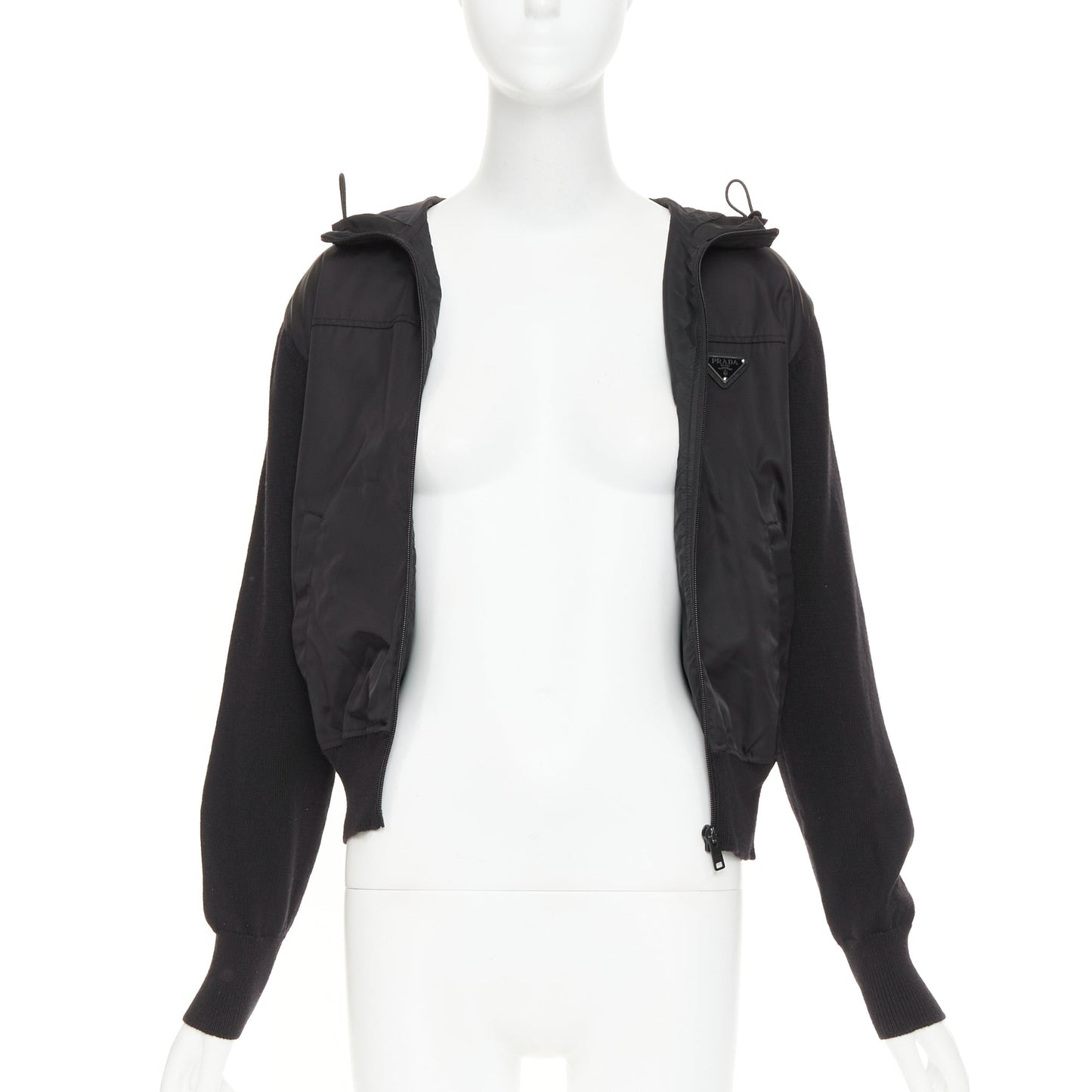 Women's Prada virgin wool nylon front triangle logo zip hoodie