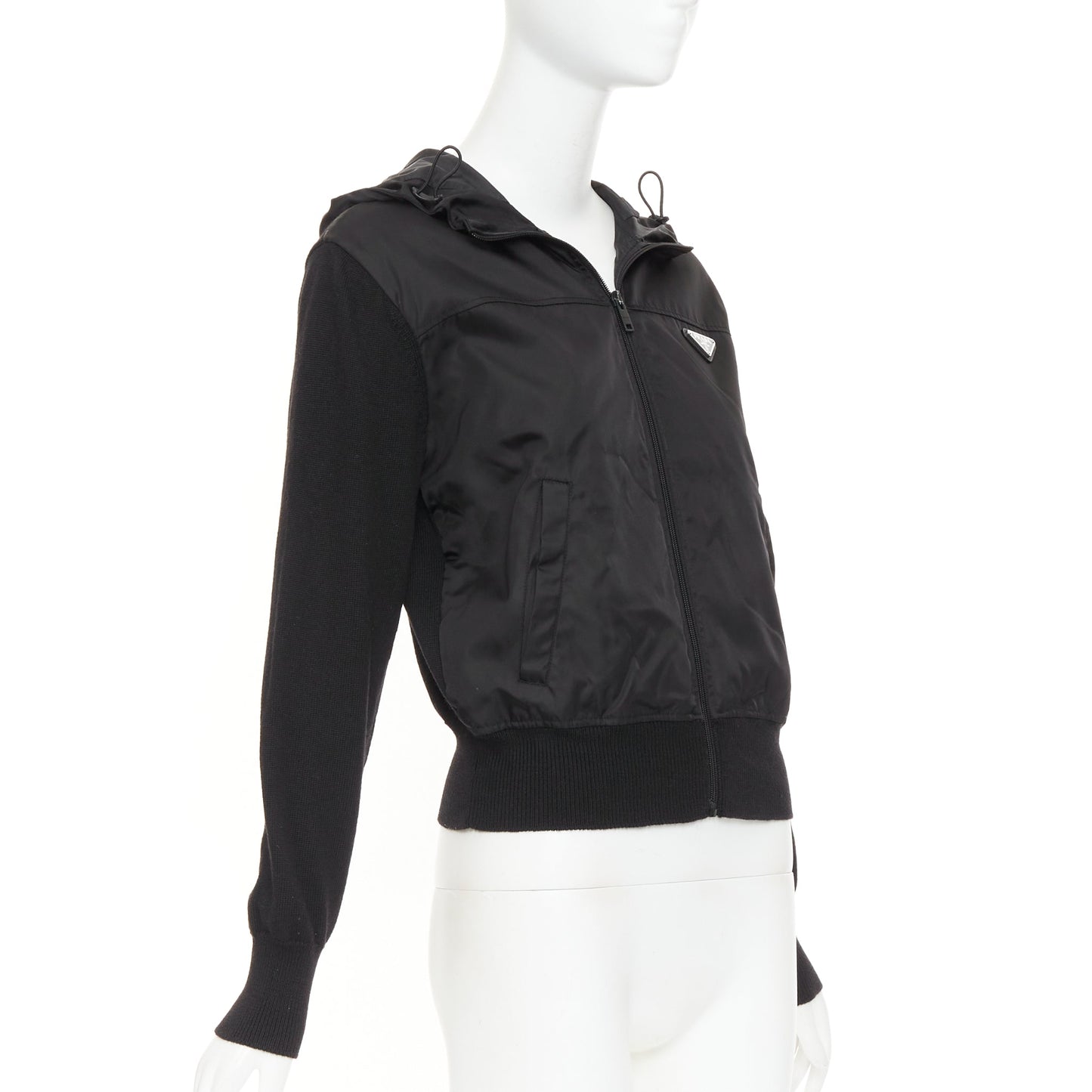 Women's Prada virgin wool nylon front triangle logo zip hoodie